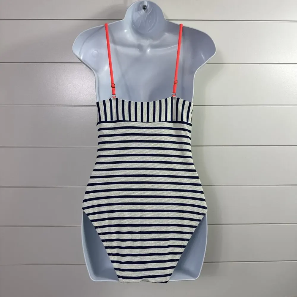 J. Crew V-Neck Crisscross One Piece Swimsuit Textured Stripe White Blue sz 6